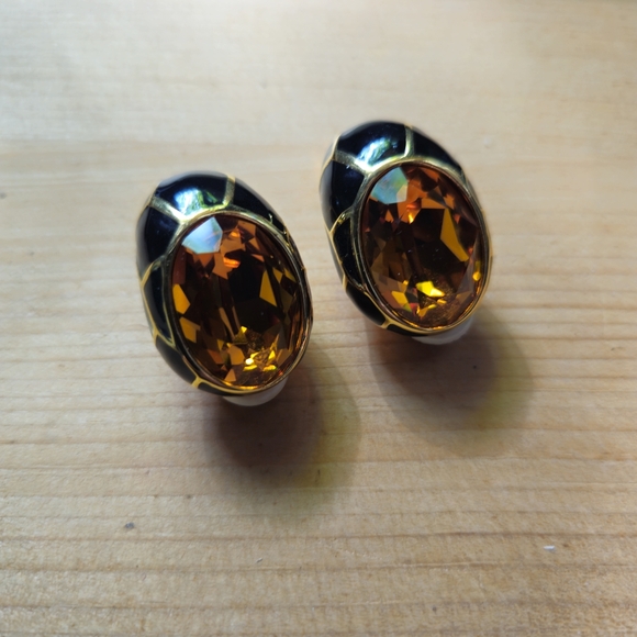 Joan Rivers Enamel Crystal Statement Clip Earrings Signed - Picture 2 of 6